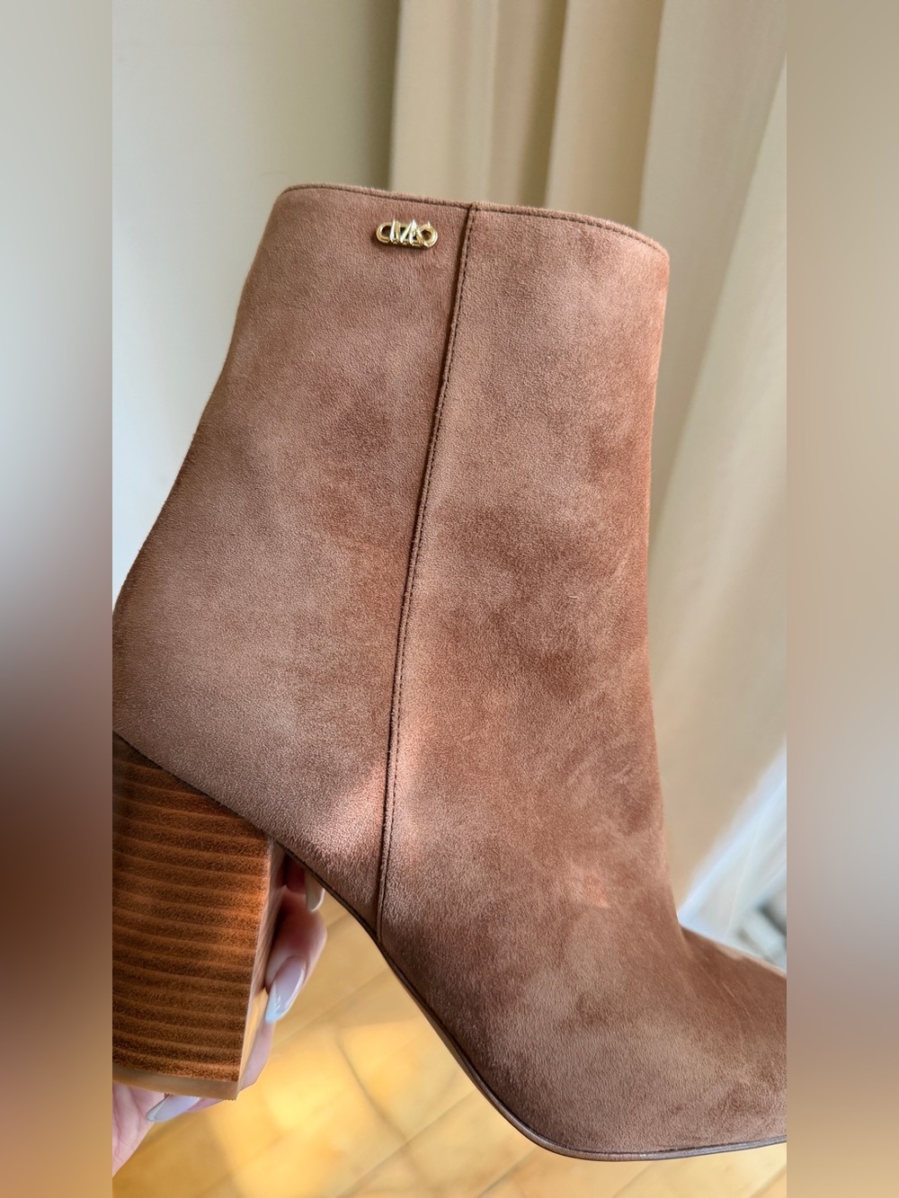 Michael Kors Chestnut Suede Ankle Booties with Gold Logo